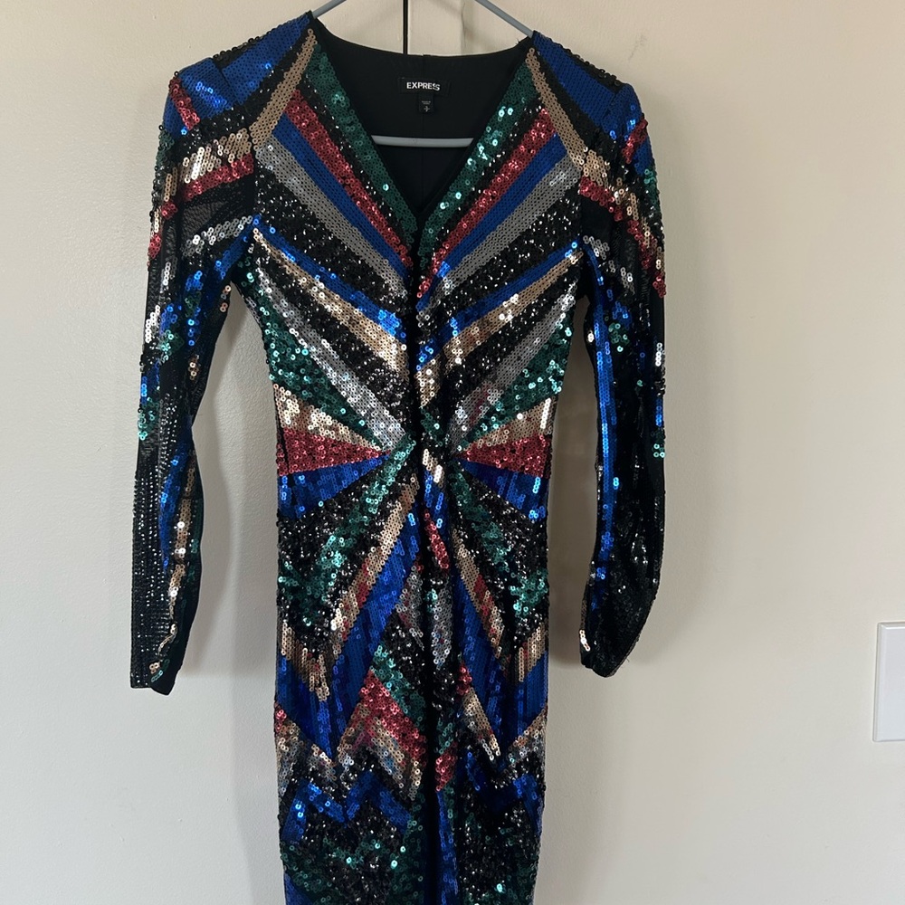 Express Sequin Ruched Long Sleeve Dress Blue Purple